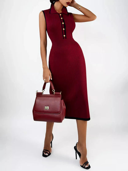 Vespera Midi Dress by Lauven - Deep burgundy ribbed knit dress with black trim and gold-tone buttons.