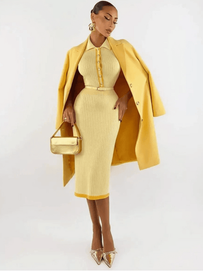 Liora Midi Dress by Lauven, featuring light yellow ribbed knit and sophisticated style, ideal for warm seasons.