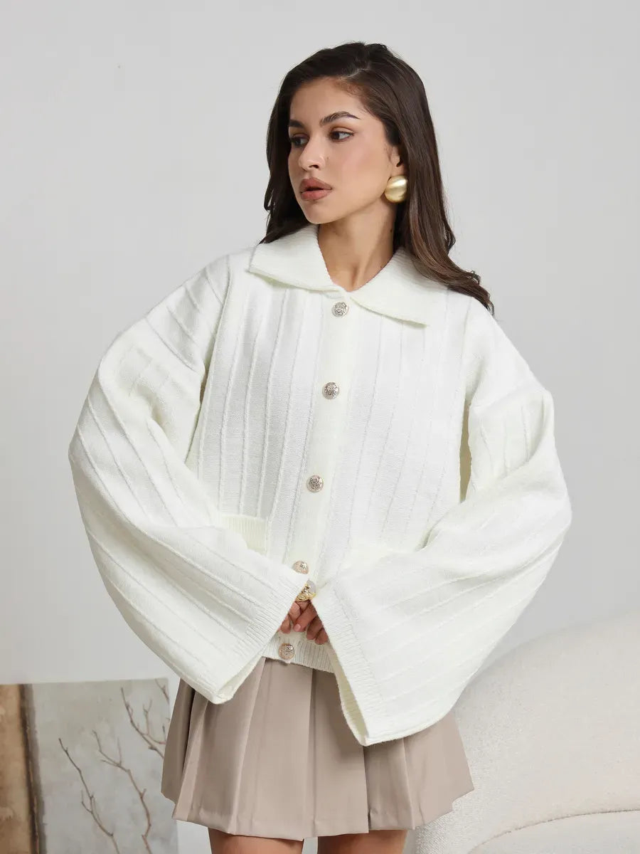 Eira Cardigan by Lauven, stylish white oversized knitwear with braided pattern and wide bell sleeves.