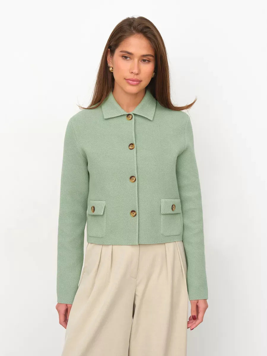 Sage Jacket by Lauven - Cropped light green women’s jacket with button closure