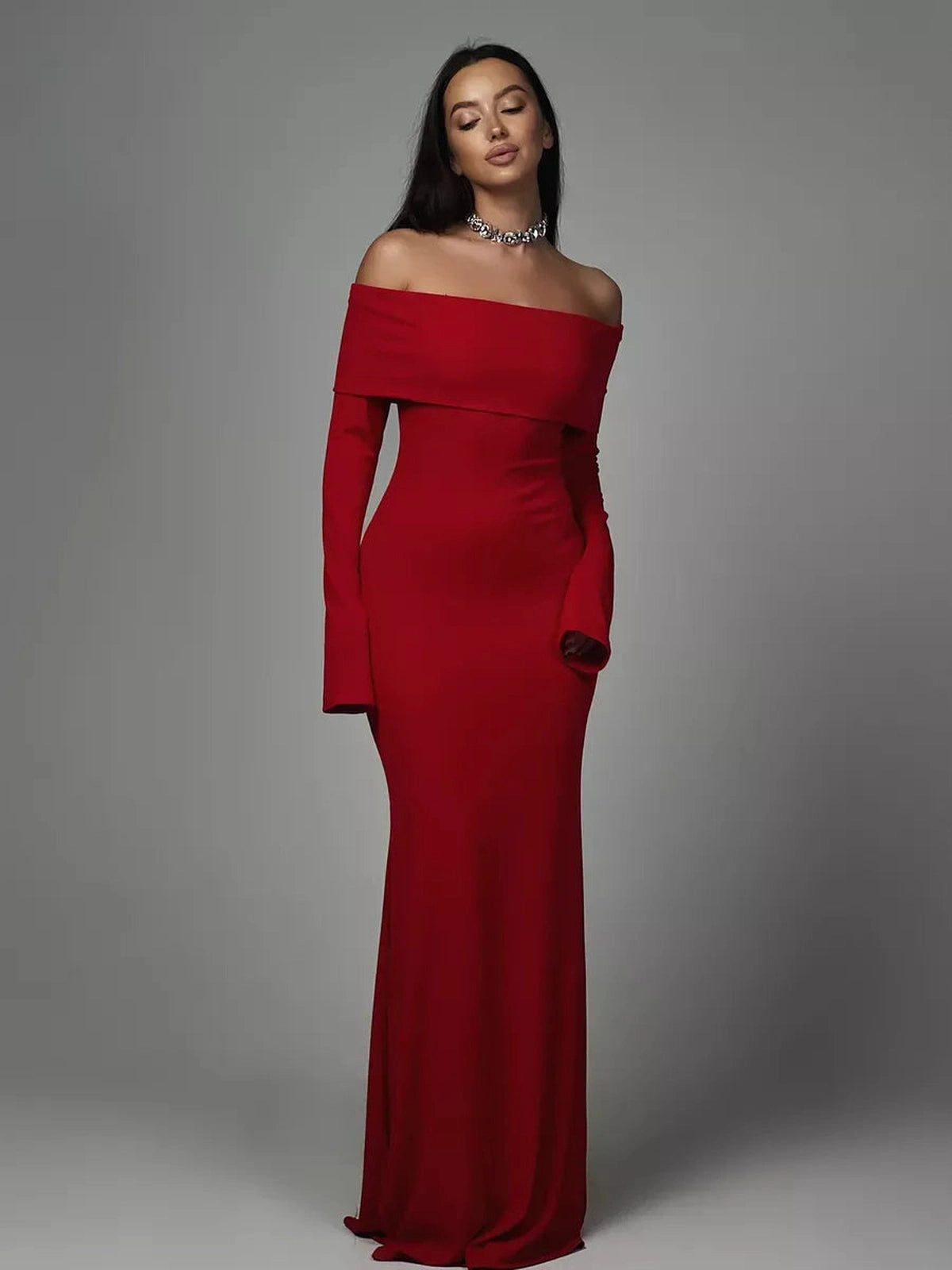 Valoria Maxi Dress by Lauven - Off-Shoulder Sculpted Silhouette in Radiant Red, enhancing natural curves.