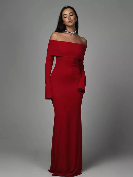 Valoria Maxi Dress by Lauven - Off-Shoulder Sculpted Silhouette in Radiant Red, enhancing natural curves.