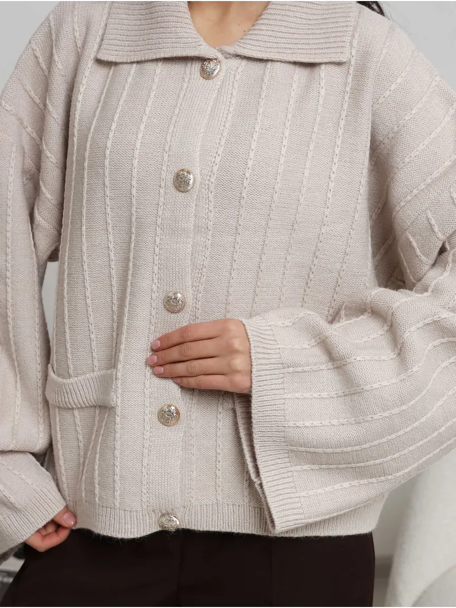 Dune Cardigan by Lauven - Soft light beige oversized knitwear with braided pattern and bell sleeves.