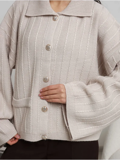 Dune Cardigan by Lauven - Soft light beige oversized knitwear with braided pattern and bell sleeves.