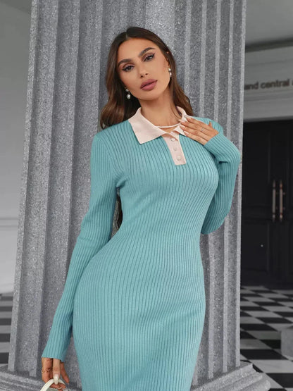 Aqua Midi Dress by Lauven, featuring a ribbed knit design, button detail, and contrasting beige collar.