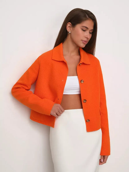 Coral Jacket by Lauven, cropped orange women's jacket with button closure for a chic and vibrant look.