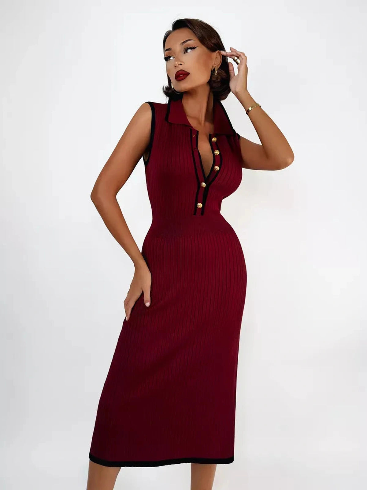 Vespera Midi Dress by Lauven in deep burgundy ribbed knit with black trim and gold-tone buttons, showcasing modern elegance.
