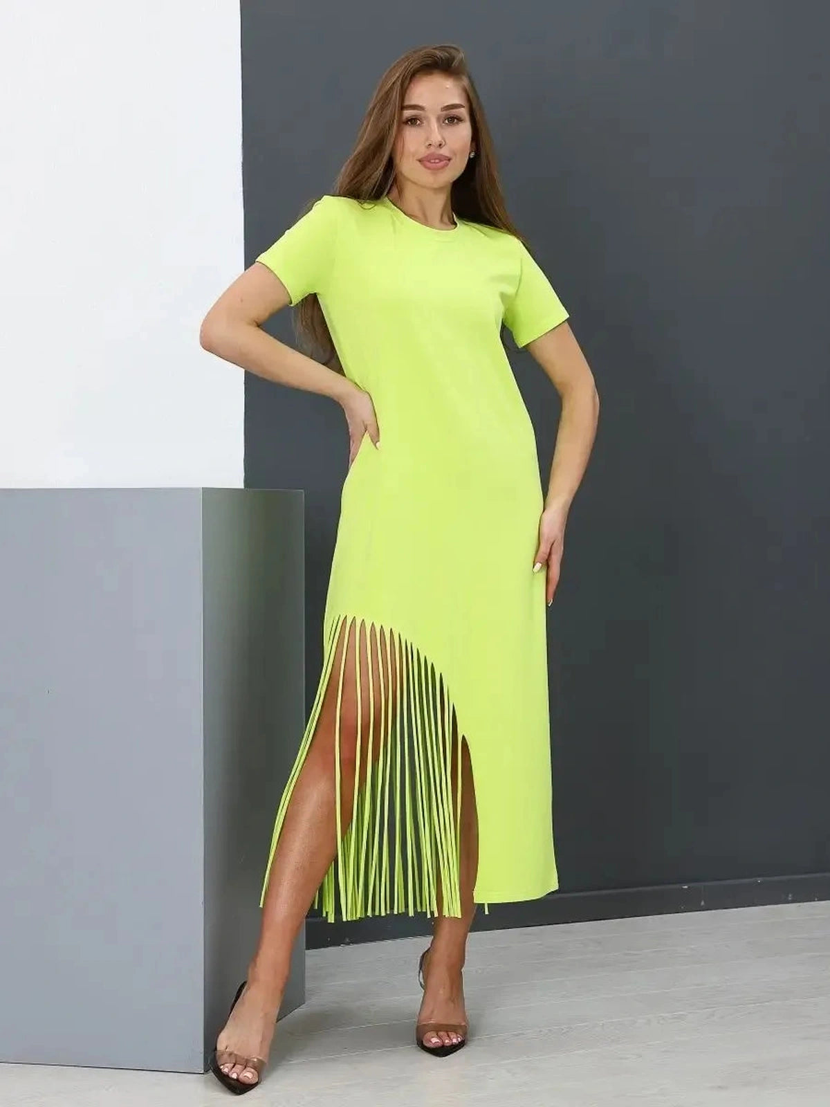 Luma Midi Dress by Lauven, a lime cotton dress with fringe hem and relaxed fit, perfect for modern casual style.
