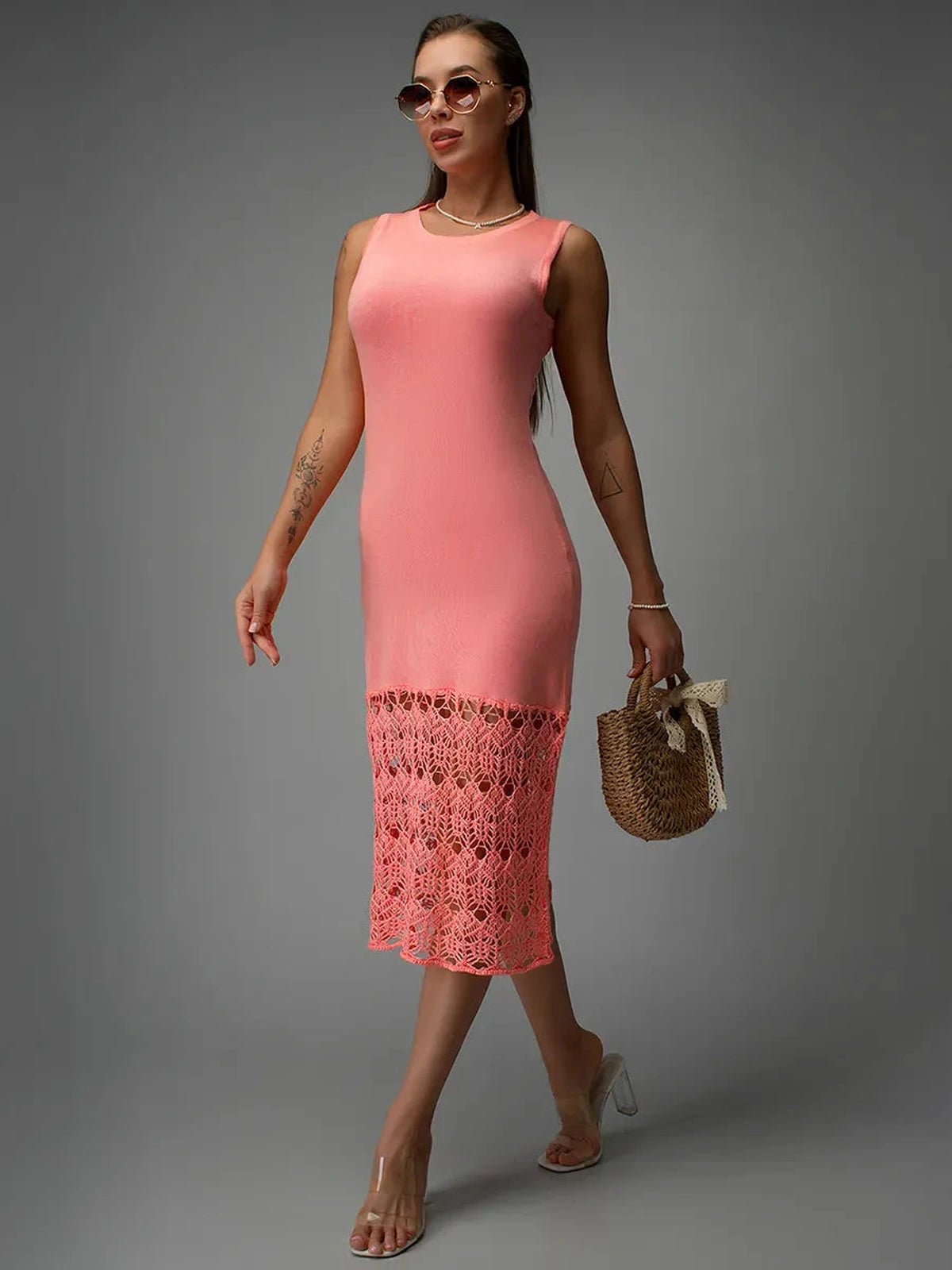 Coralia Midi Dress by Lauven in peach, showcasing elegant crochet knit design and flattering silhouette.