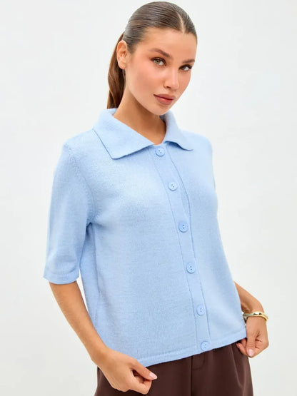 Alba Cardigan by Lauven, lightweight blue wool blend knitwear with button closure, ideal for autumn layering.