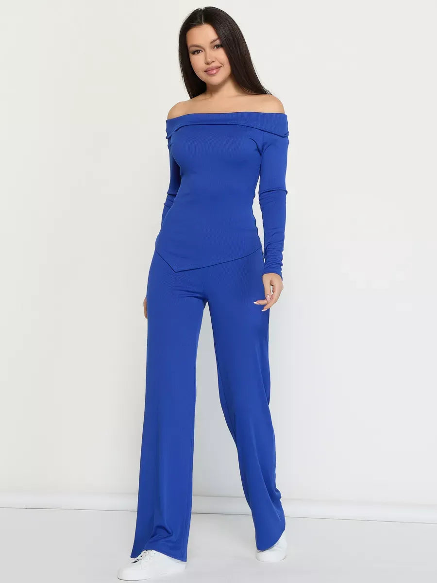 Azure Two-Piece Set by Lauven - Off-Shoulder Ribbed Women's Suit in vibrant blue, showcasing modern elegance and comfort.