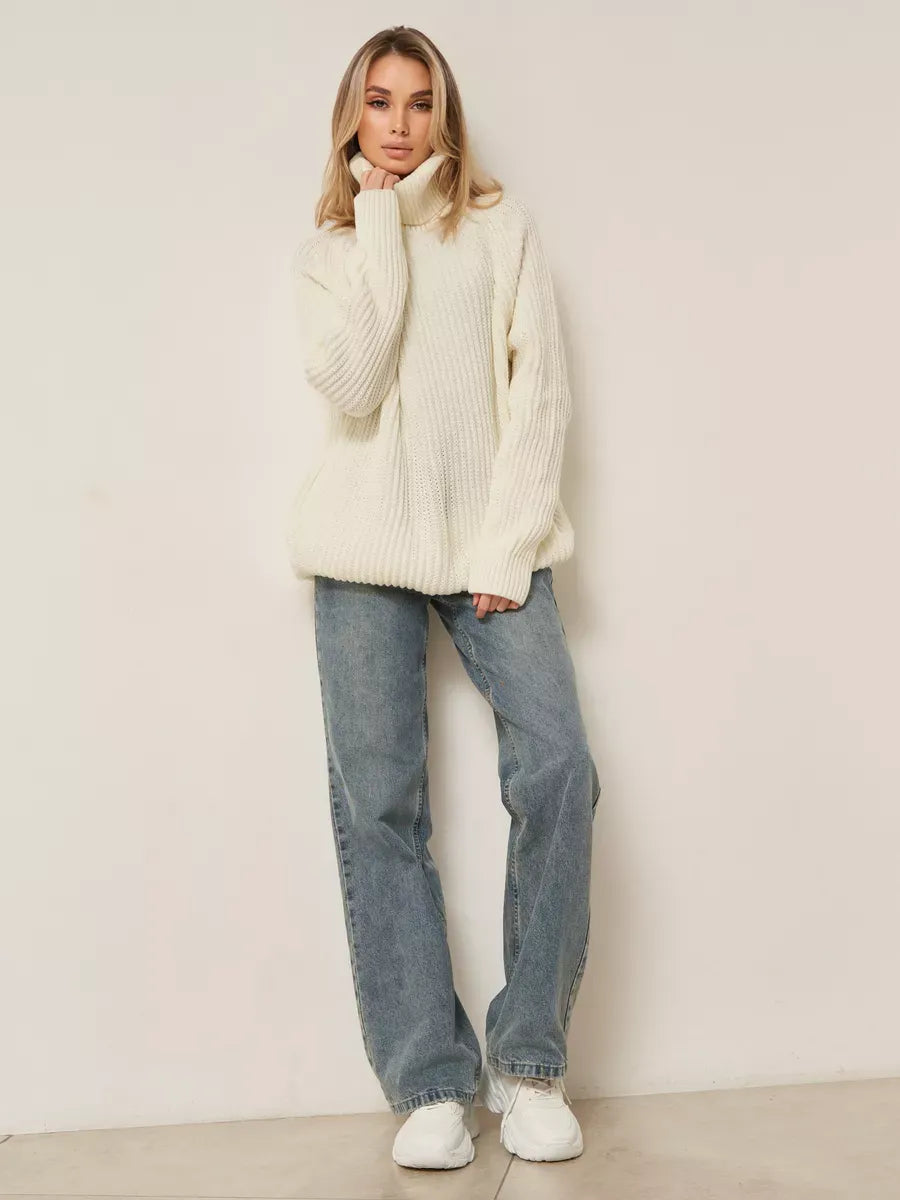 Luna Sweater by Lauven - Oversized white knitwear with turtleneck, perfect for cool spring days.