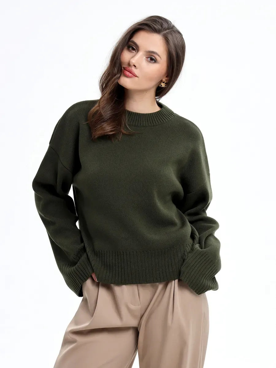 Thalia Sweater by Lauven - Oversized knit in khaki green, perfect for layering in fall and winter.