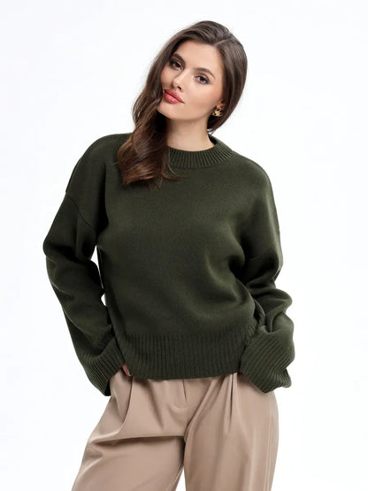 Thalia Sweater by Lauven - Oversized knit in khaki green, perfect for layering in fall and winter.