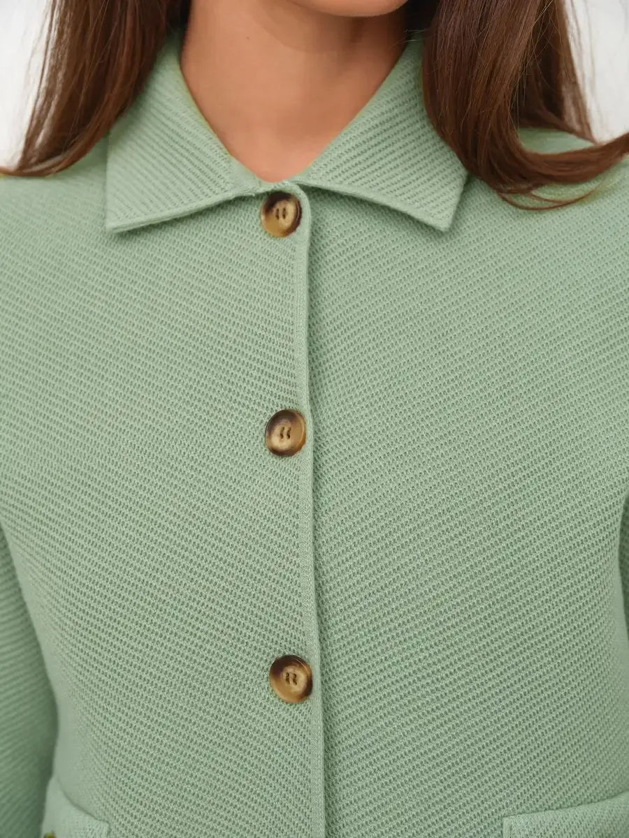 Sage Jacket by Lauven, cropped light green women’s jacket with button closure and textured fabric.
