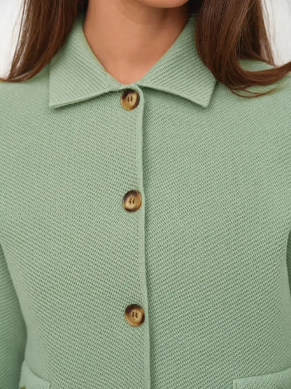 Sage Jacket by Lauven, cropped light green women’s jacket with button closure and textured fabric.