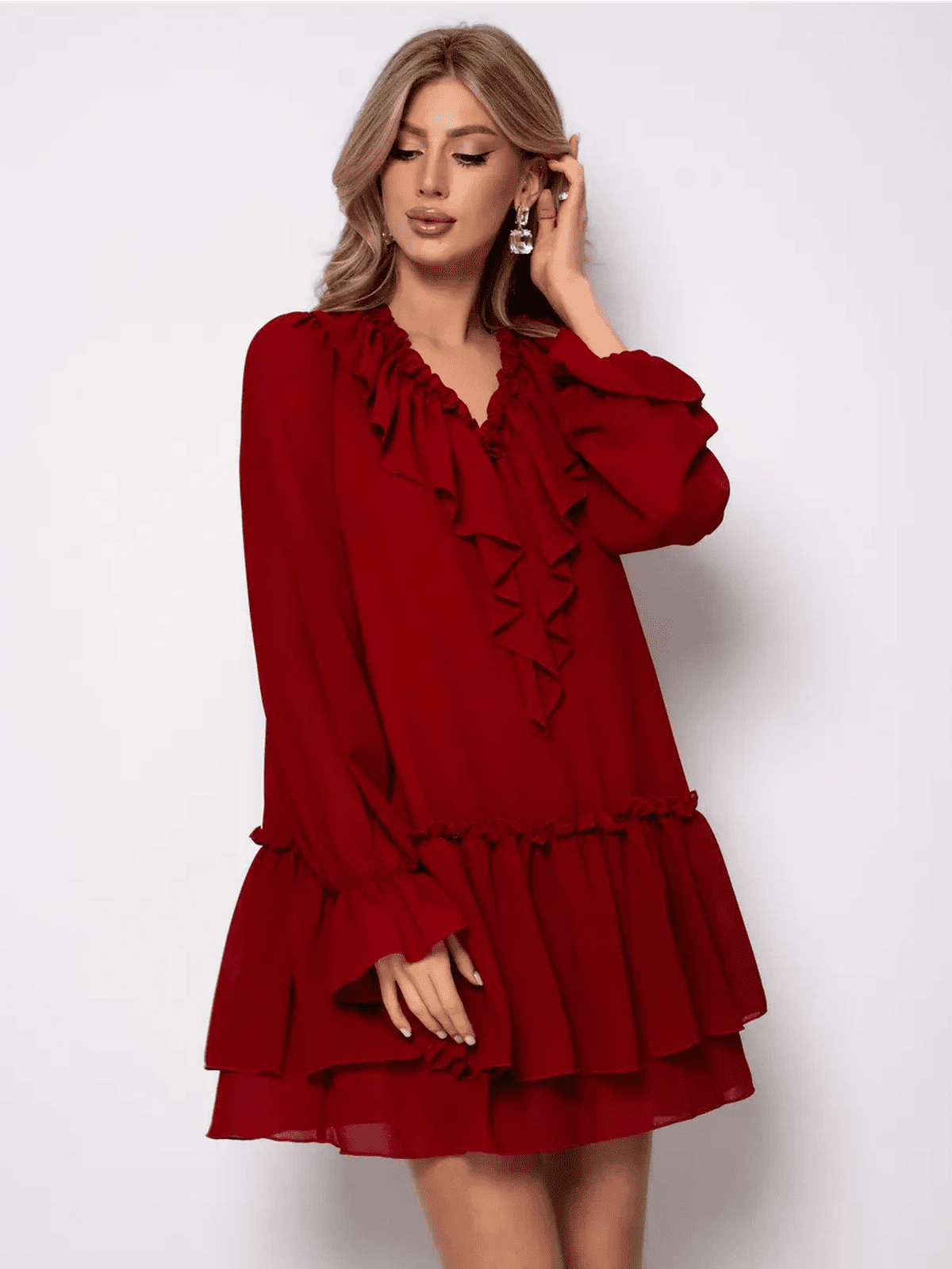Marsella Mini Dress by Lauven in wine-red chiffon with ruffle detailing, perfect for elegant occasions.