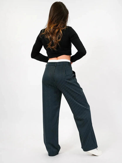 Siri Pants by Lauven, high-waist wide-leg trousers in deep green with pinstripe pattern, stylish women's fashion.