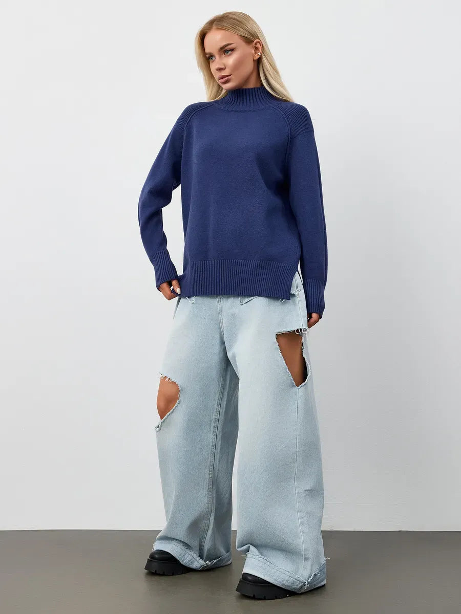 Indigo Sweater by Lauven — Oversized navy blue cashmere knitwear with high neck, perfect for cooler seasons.