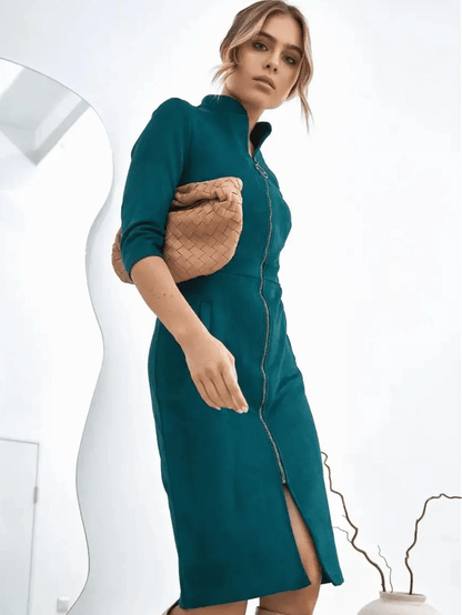Avalon Mini Dress by Lauven, sleek zip-front silhouette in teal, showcasing modern structured elegance and versatile styling.
