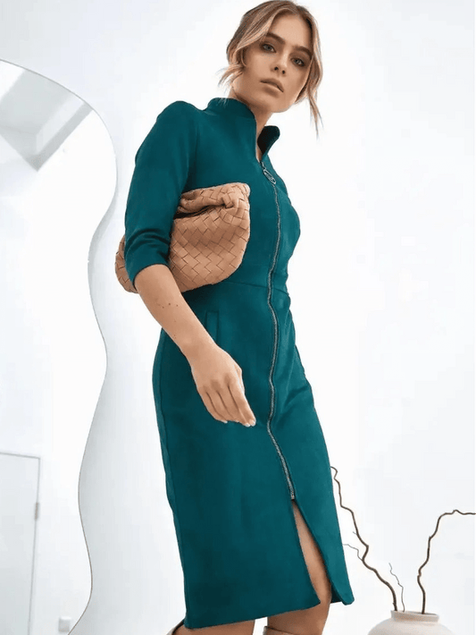 Avalon Mini Dress by Lauven, sleek zip-front silhouette in teal, showcasing modern structured elegance and versatile styling.