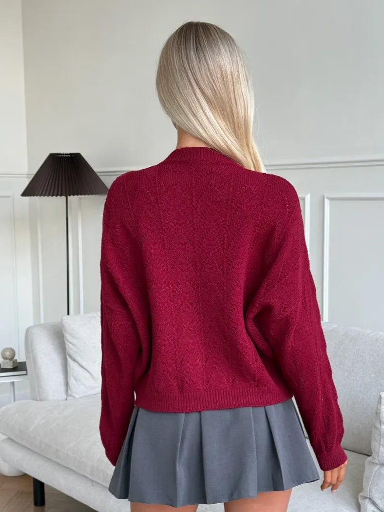 Ruby Cardigan by Lauven in rich burgundy, featuring brushed texture and oversized silhouette, perfect for cozy elegance.