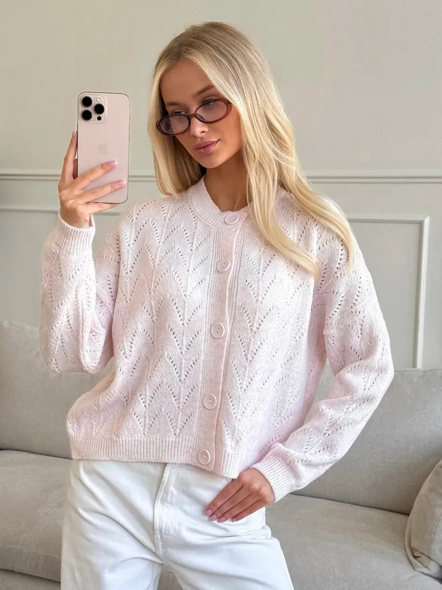 Blush Cardigan by Lauven, soft pink knit button-up with cozy brushed texture and openwork lace detail.