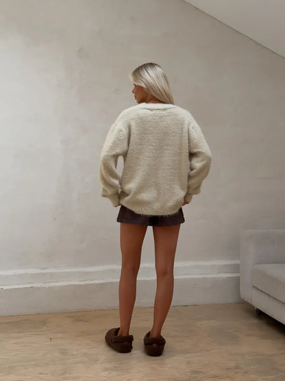 Sable Cardigan by Lauven, oversized light beige fluffy knit with a relaxed fit, showcasing luxury and comfort.