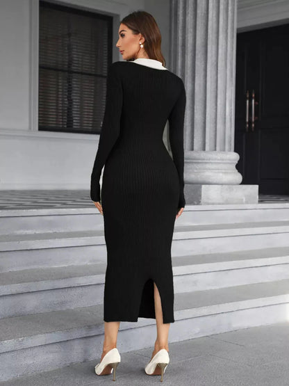 Onyx Midi Dress by Lauven featuring a chic ribbed knit design with a contrasting collar and back slit detail.