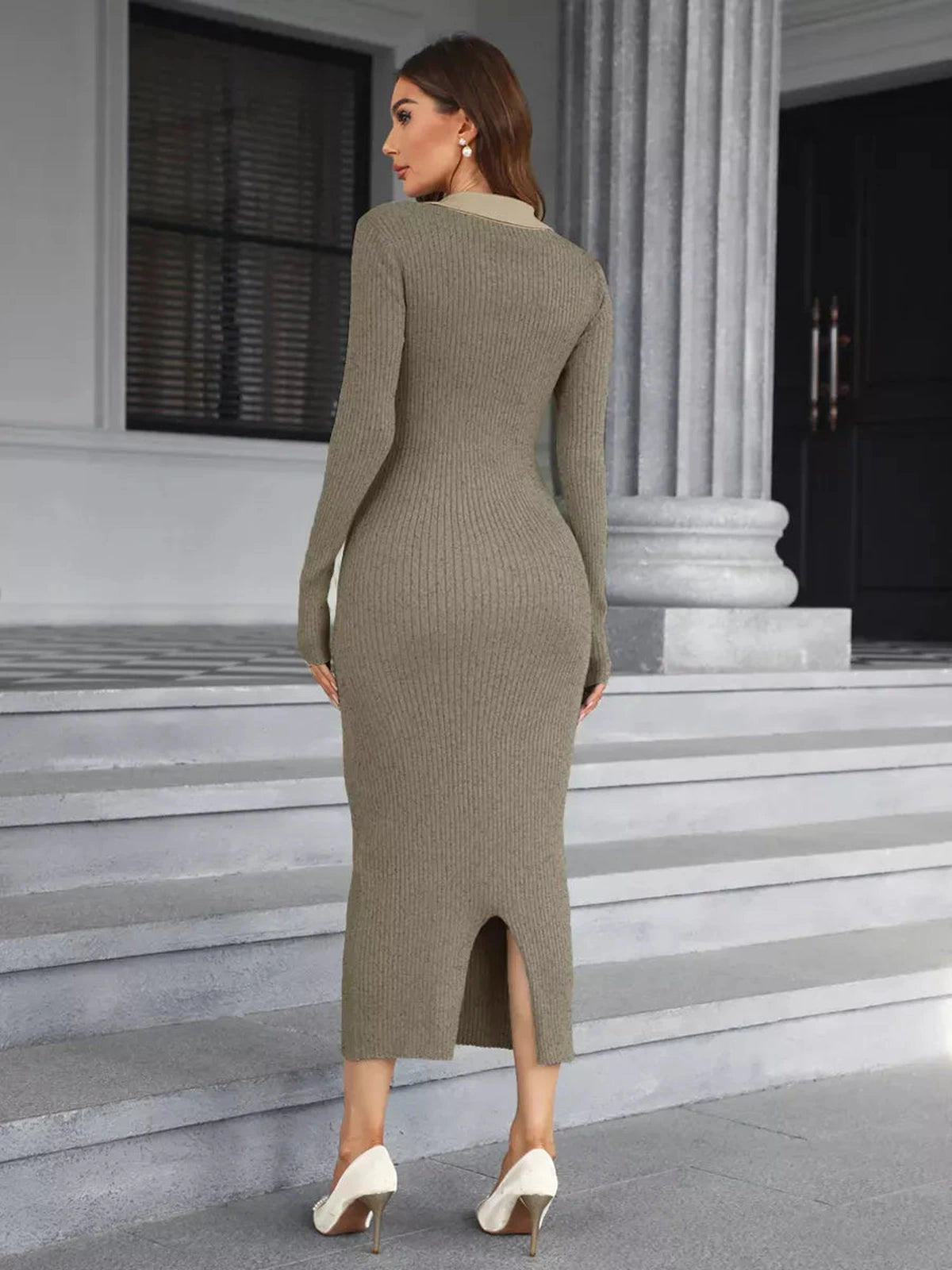 Mocha Midi Dress by Lauven, showcasing a cozy ribbed knit with a sleek silhouette and sophisticated design.