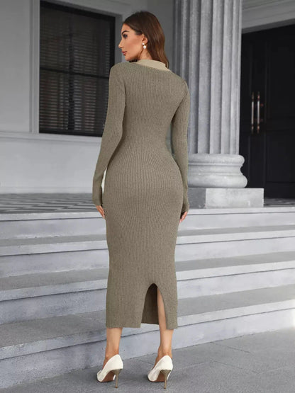 Mocha Midi Dress by Lauven, showcasing a cozy ribbed knit with a sleek silhouette and sophisticated design.