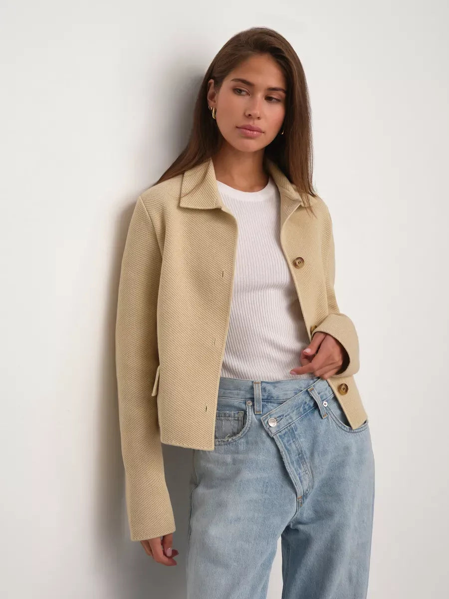Alba Jacket by Lauven - Cropped light beige women's jacket with button closure and soft texture.