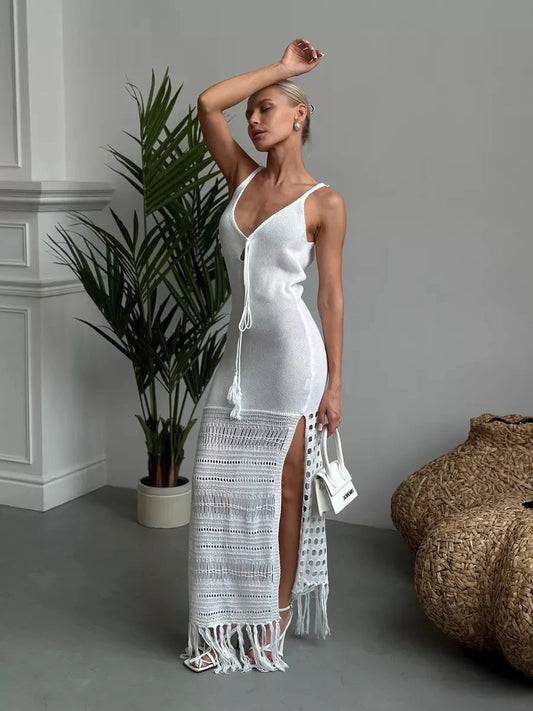 Solara Maxi Dress by Lauven featuring airy knit detailing and side slit elegance for summer styling.