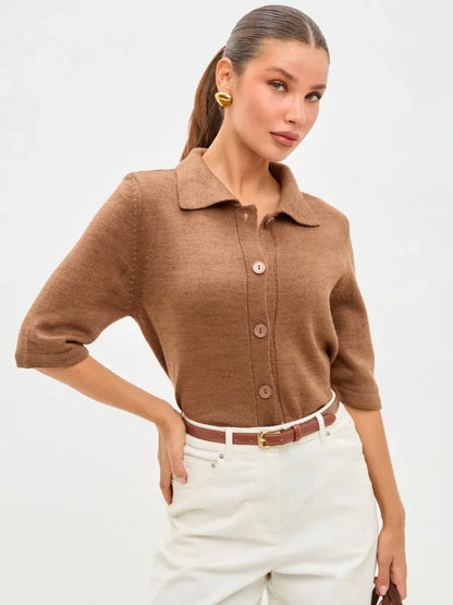 Marin Cardigan by Lauven - Lightweight brown wool blend knitwear with button closure and short sleeves.