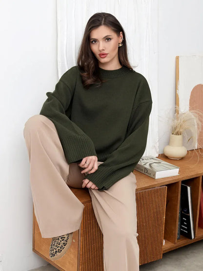 Thalia Sweater by Lauven, oversized khaki green knit sweater for stylish fall layering.