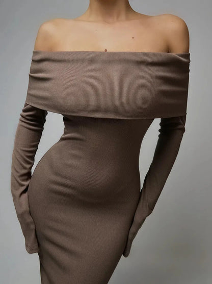 Solara Maxi Dress by Lauven featuring off-shoulder ribbed silhouette in rich chocolate hue.