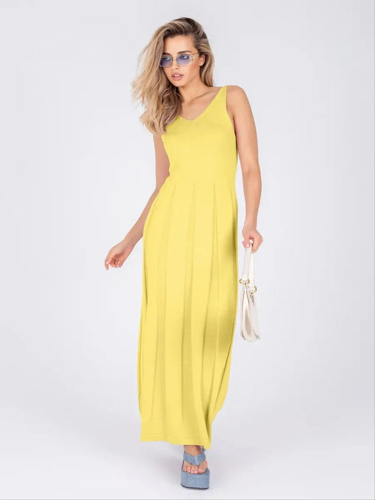 Solara Maxi Dress by Lauven - Bright yellow ribbed knit dress for a chic summer look.