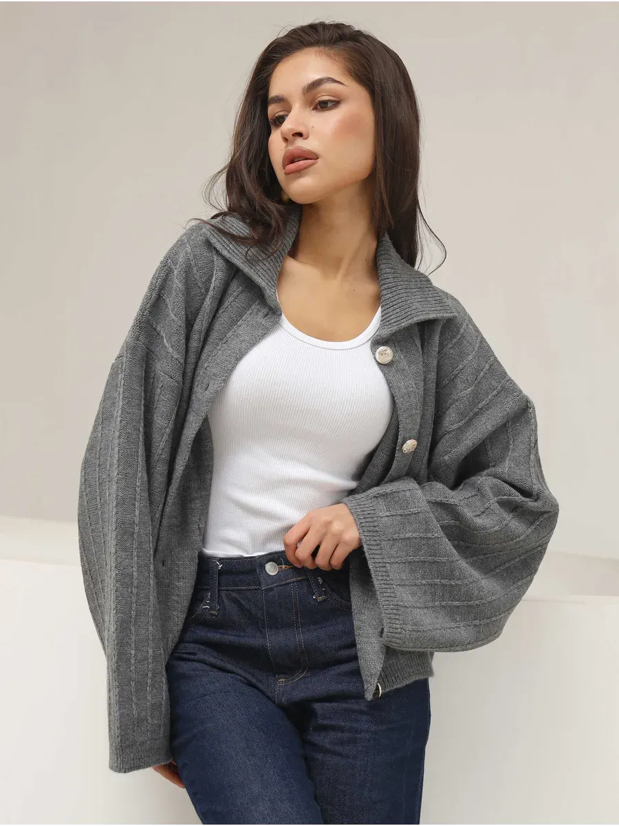 Slate Cardigan by Lauven, dark gray oversized knitwear with braided detail, ideal for chic spring layering.