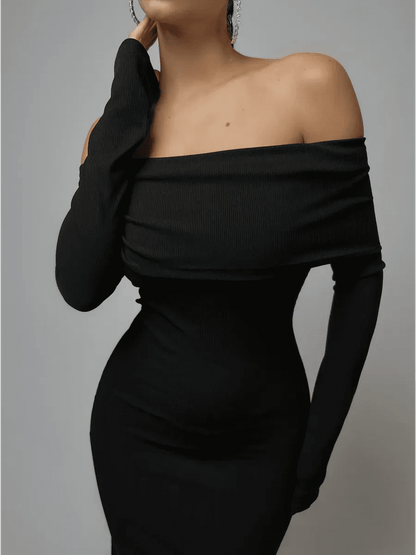 Noctara Maxi Dress by Lauven featuring an off-shoulder silhouette in luxurious ribbed texture, designed in deep black.