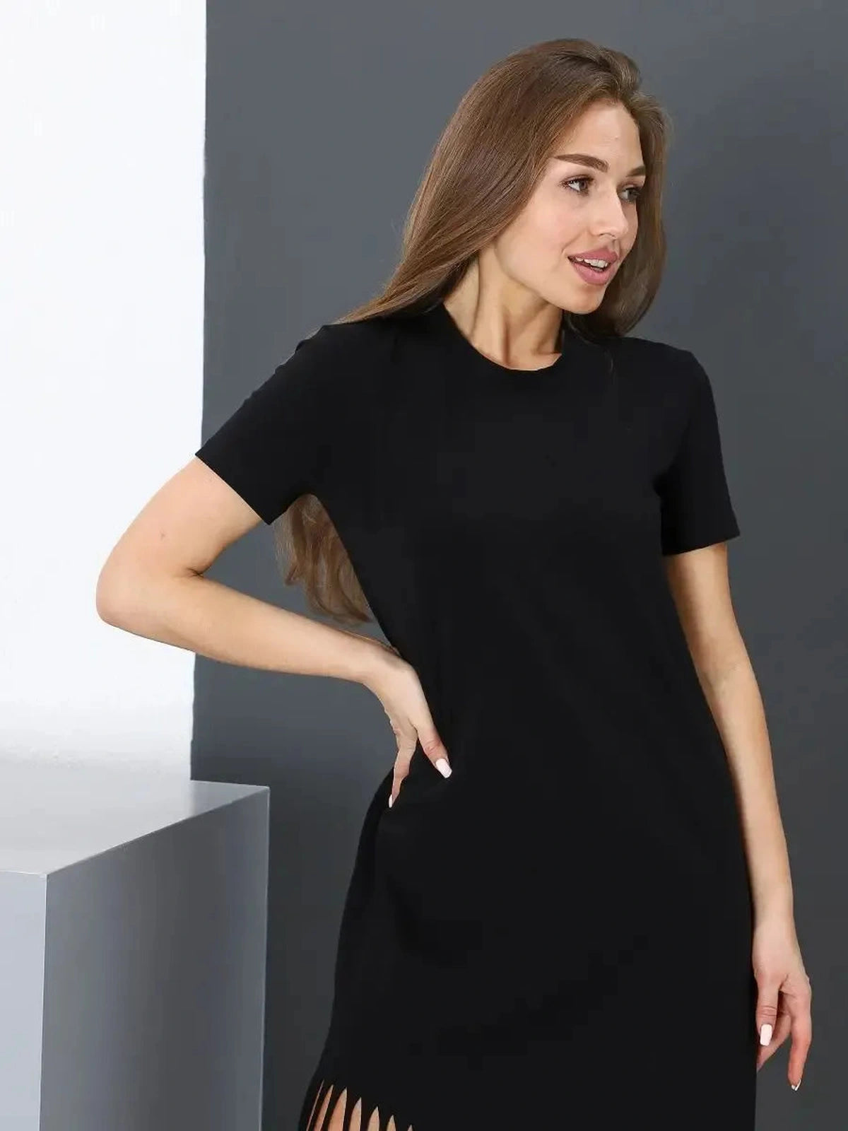 Noir Midi Dress by Lauven - Elegant black cotton dress featuring unique fringe hem and modern silhouette.