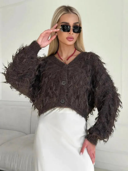Espresso Cardigan by Lauven, cropped oversized brown bouclé knit with feathered fringe, stylish women's outerwear.