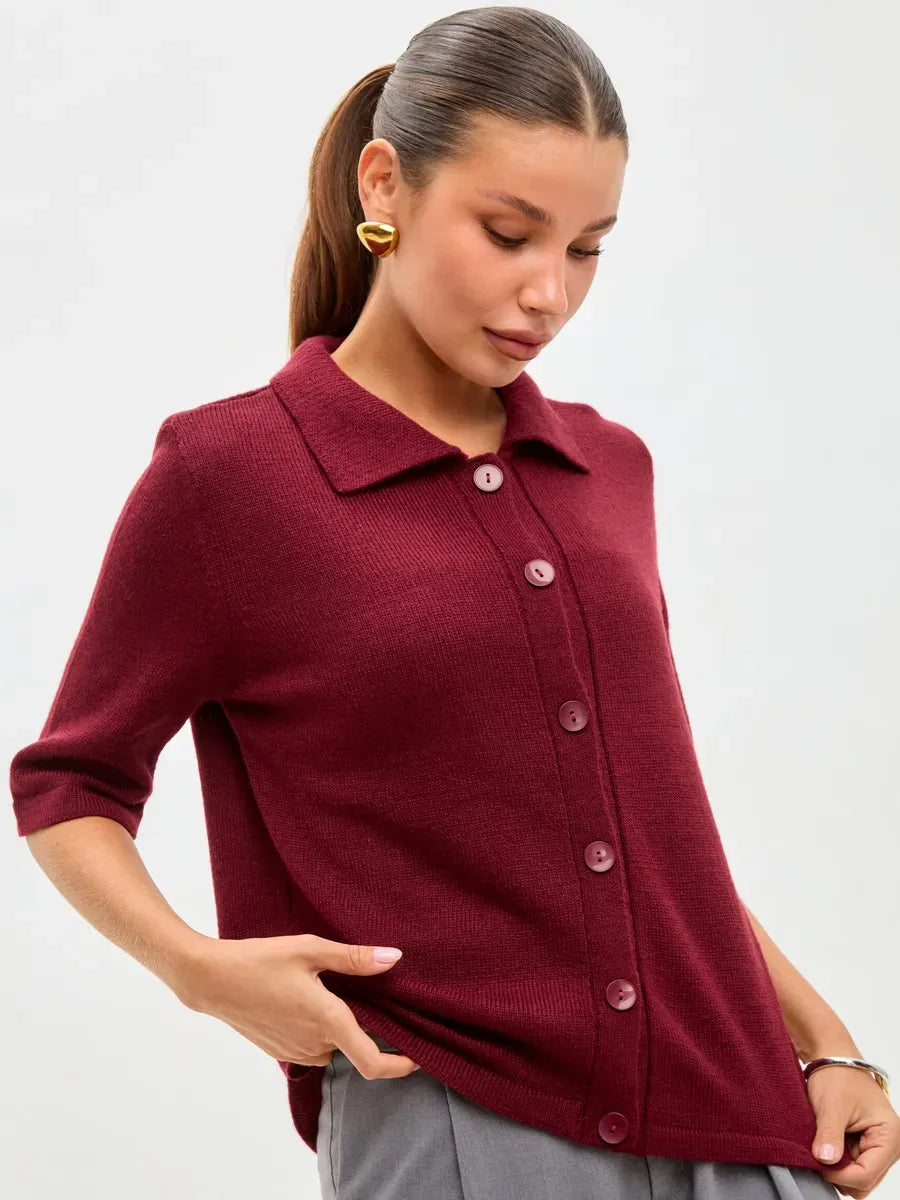 Mira Cardigan by Lauven in lightweight burgundy wool blend with button closure, perfect for layering in autumn.