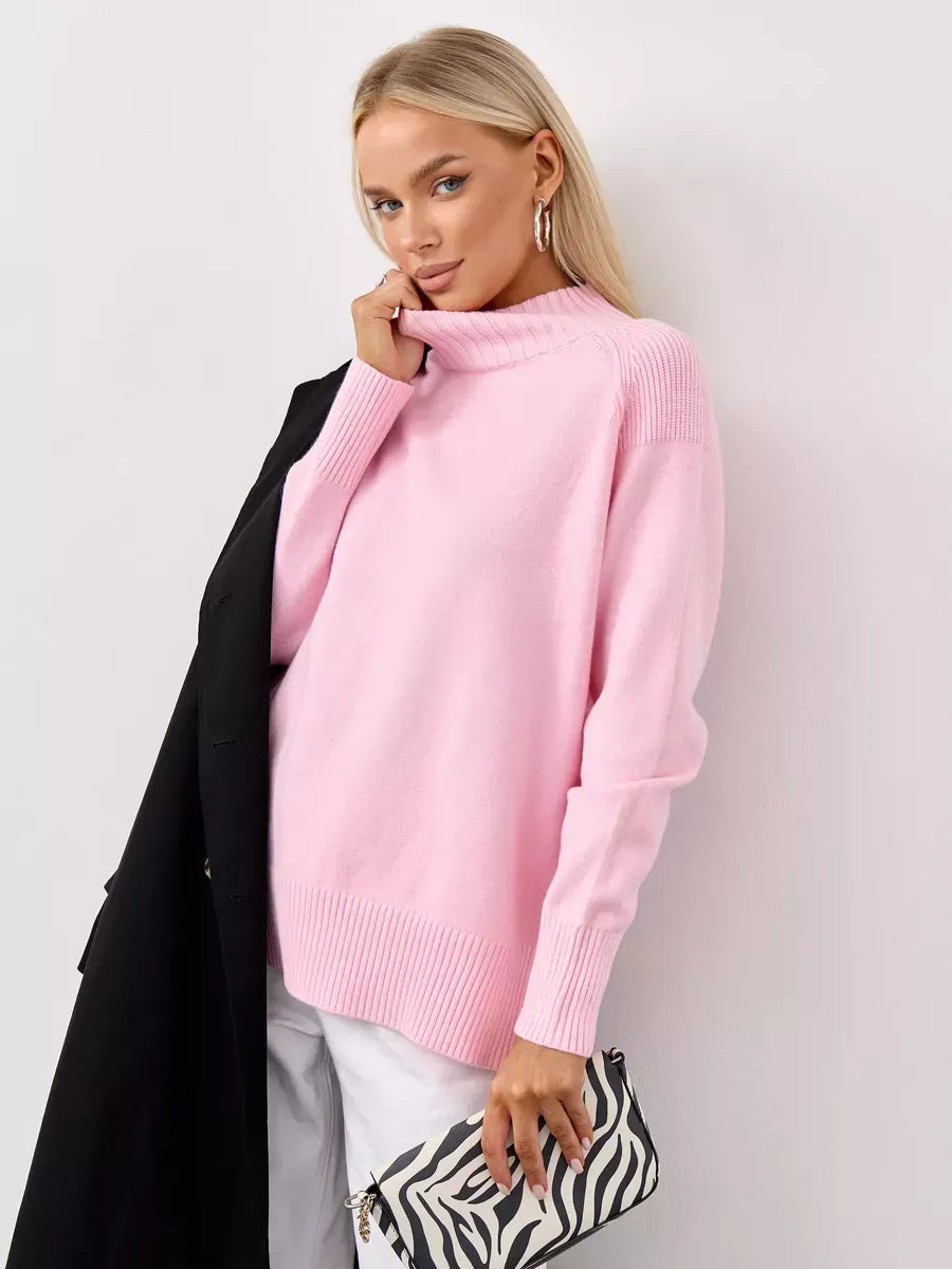 Rosette Sweater by Lauven in oversized pink cashmere knitwear with high neck style