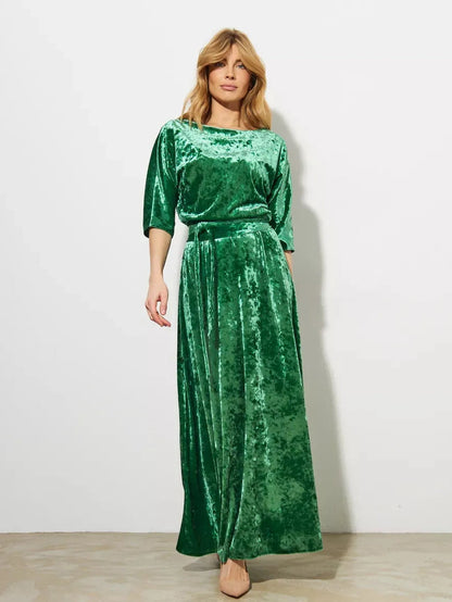 Verdea Maxi Dress by Lauven, elegant green velvet A-line gown with a flowing silhouette and removable belt.