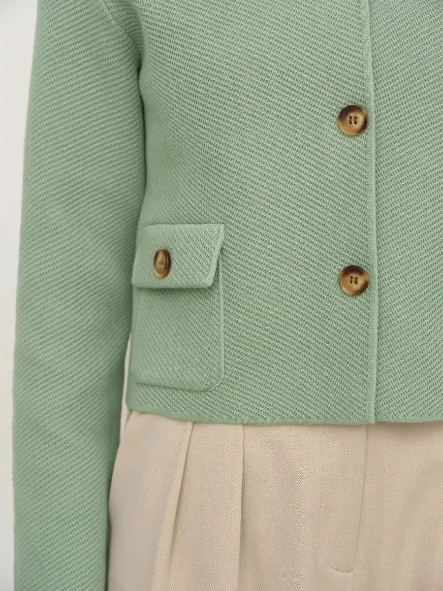 Sage Jacket by Lauven, cropped light green women's jacket with button closure and pocket detail.