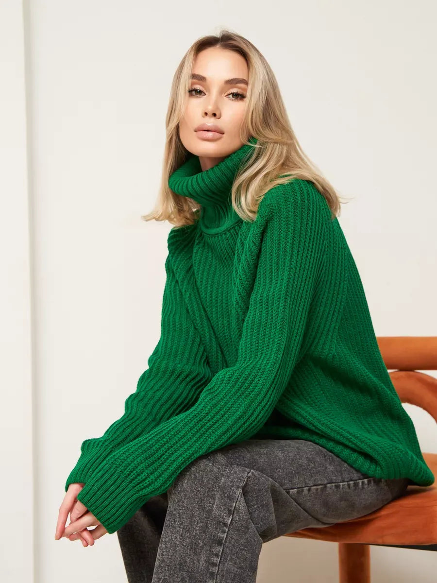 Emerald Sweater by Lauven, oversized green knitwear with turtleneck, perfect for cold seasons.