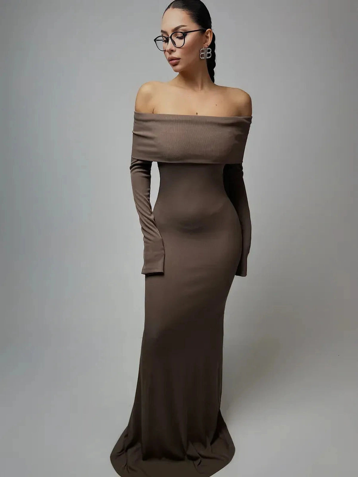 Solara Maxi Dress by Lauven - Off-Shoulder Ribbed Silhouette in Elegant Chocolate Color