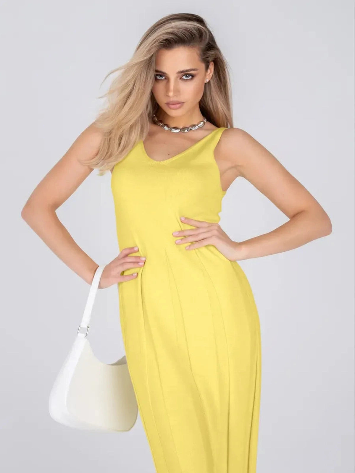 Solara Maxi Dress by Lauven - Bright yellow ribbed knit dress showcasing summer elegance.