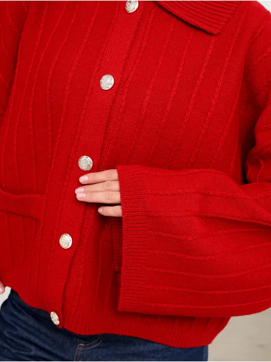 Crimson Cardigan by Lauven featuring oversized fit, wide bell sleeves, and braided cable knits in bold red.