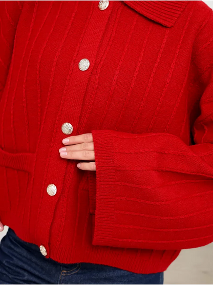 Crimson Cardigan by Lauven featuring oversized fit, wide bell sleeves, and braided cable knits in bold red.